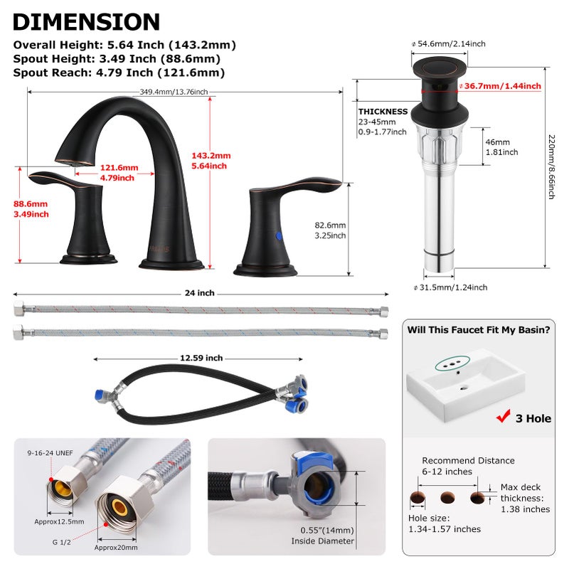 PARLOS 2 Handles Widespread Bathroom Faucet with Metal Pop Up Sink Drain and Supply Lines, Oil Rubbed Bronze, Demeter, 13648 - Image 5